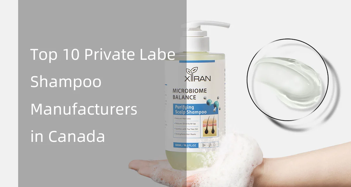 A bottle of Xiran Microbiome Balance Purifying Scalp Shampoo held in a hand with soap, next to text about private label manufacturers.